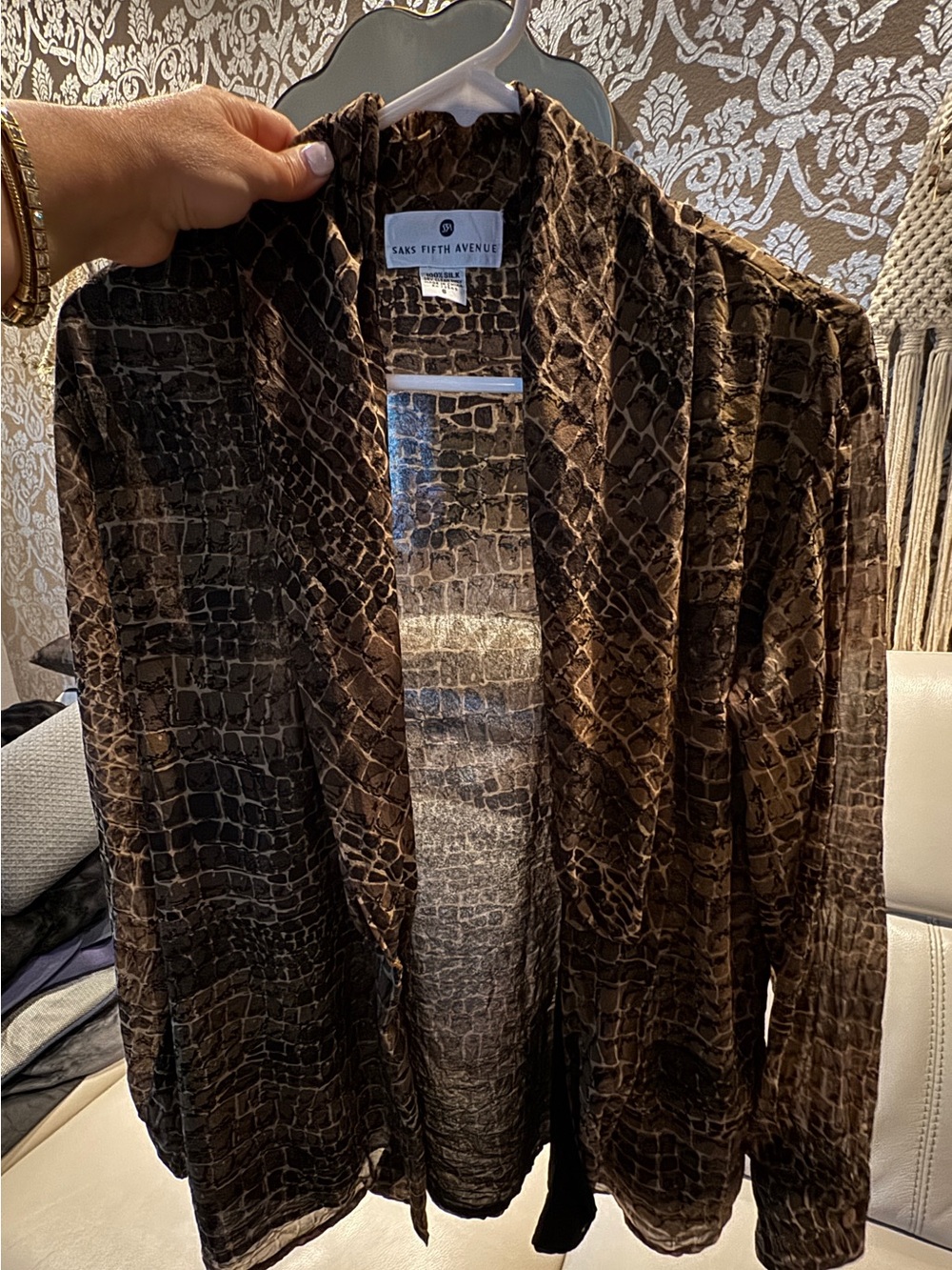 Saks Fifth Avenue Brown Croc-Open-Front Silk Blouse